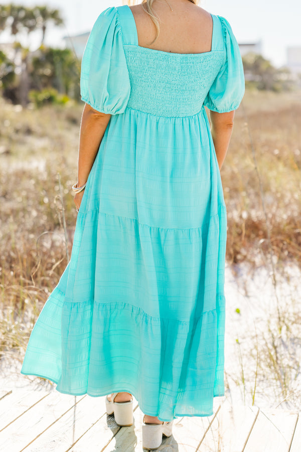Chic Soul plus size clothing, lake blue smocked top puff sleeve maxi dress