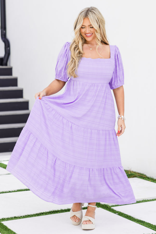 Chic Soul plus size clothing, short-puffed-sleeve lavender purple ruffled midi baby doll dress with square-neckline