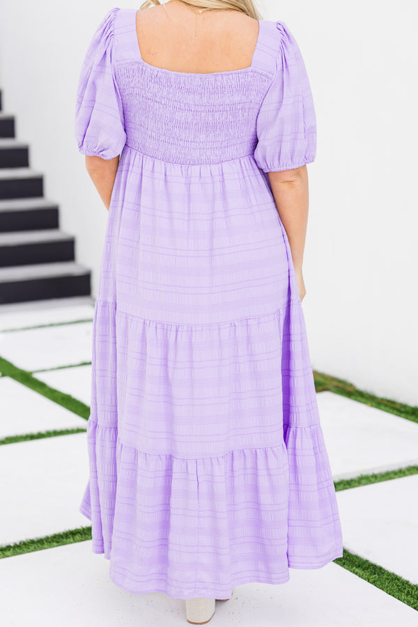 Chic Soul plus size clothing, short-puffed-sleeve lavender purple ruffled midi baby doll dress with square-neckline