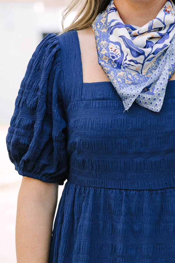 Chic Soul plus size clothing, puffed short-sleeve navy blue ruffled midi dress with smocked bodice and square neckline 