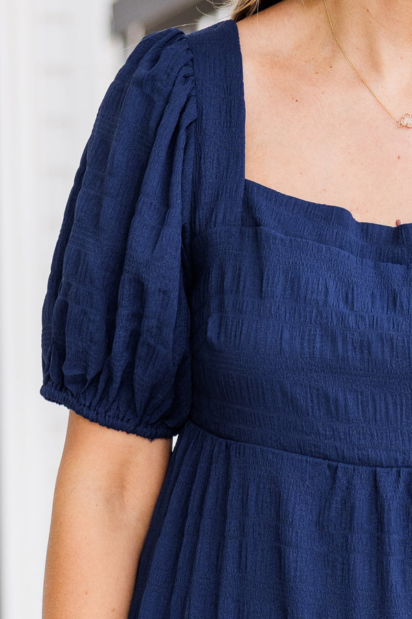 Chic Soul plus size clothing, puffed short-sleeve navy blue ruffled midi dress with smocked bodice and square neckline 