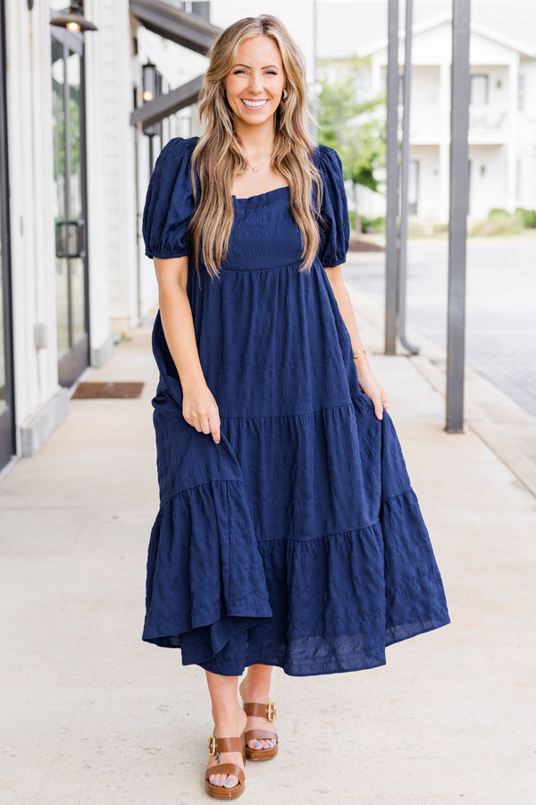 Chic Soul plus size clothing, puffed short-sleeve navy blue ruffled midi dress with smocked bodice and square neckline 