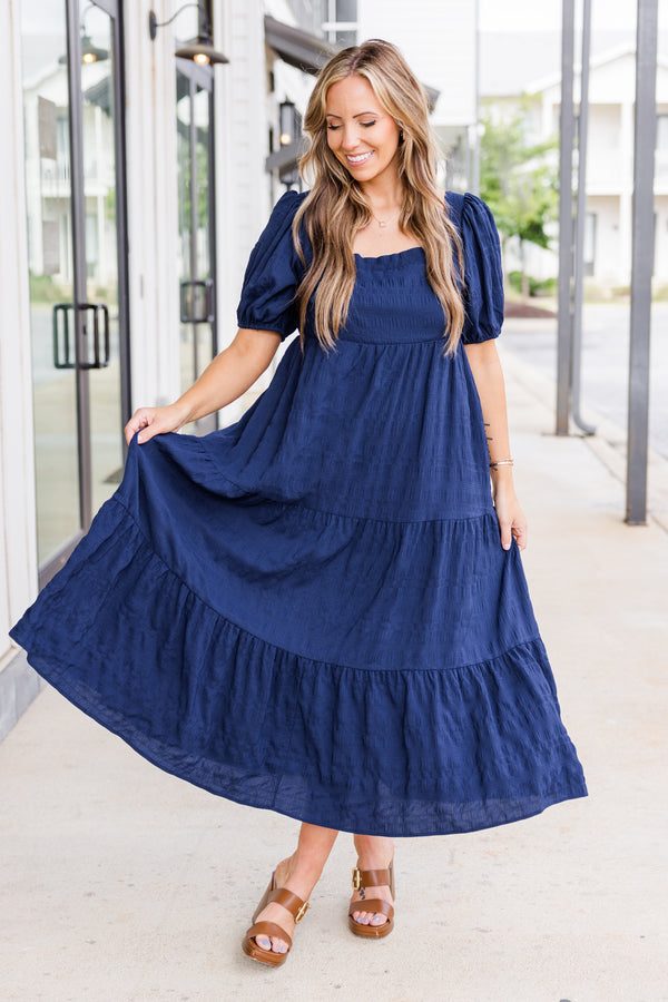 Chic Soul plus size clothing, puffed short-sleeve navy blue ruffled midi dress with smocked bodice and square neckline 
