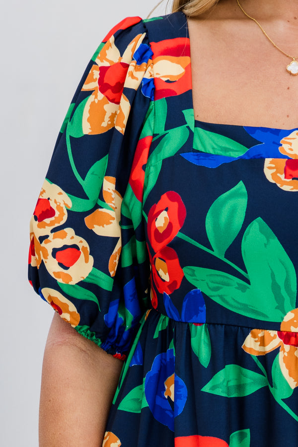 Chic Soul plus size clothing, puffed short-sleeve navy ruffled baby doll midi dress with multi-colored floral pattern and square-neckline