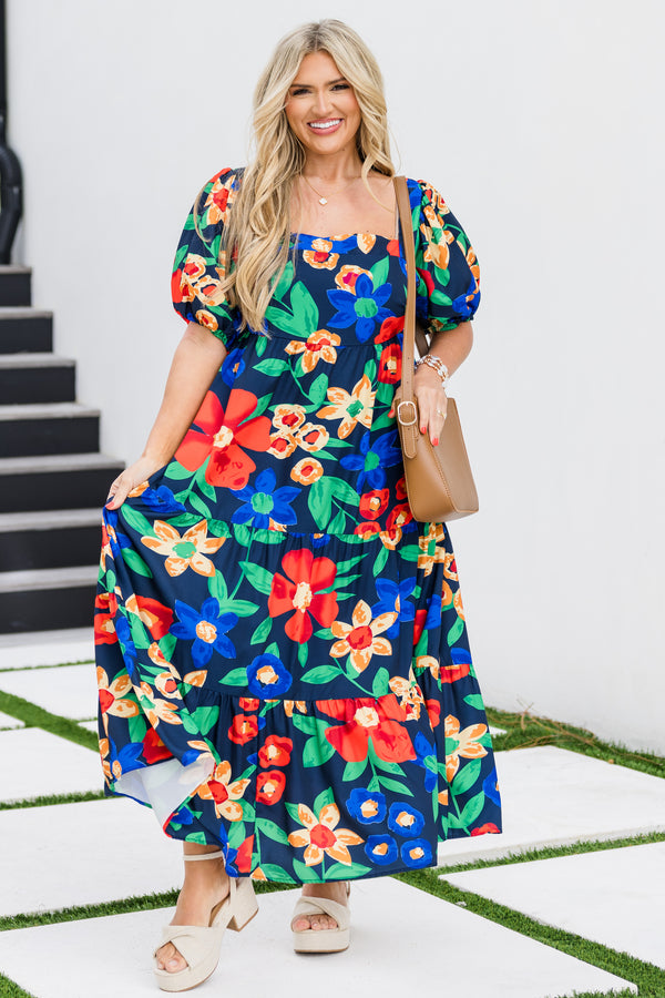 Chic Soul plus size clothing, puffed short-sleeve navy ruffled baby doll midi dress with multi-colored floral pattern and square-neckline