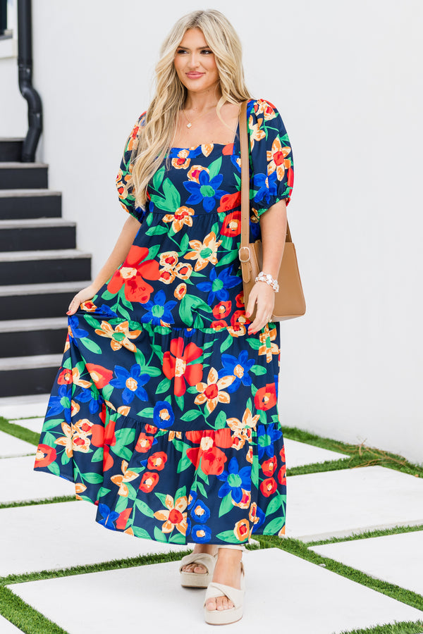 Chic Soul plus size clothing, puffed short-sleeve navy ruffled baby doll midi dress with multi-colored floral pattern and square-neckline