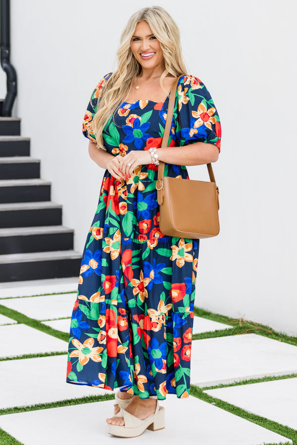 Chic Soul plus size clothing, puffed short-sleeve navy ruffled baby doll midi dress with multi-colored floral pattern and square-neckline