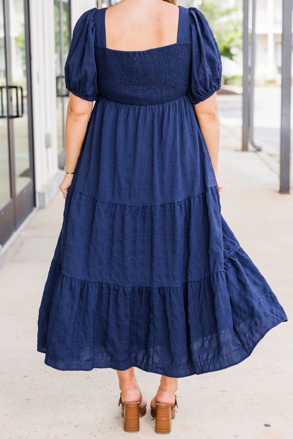 Chic Soul plus size clothing, puffed short-sleeve navy blue ruffled midi dress with smocked bodice and square neckline 