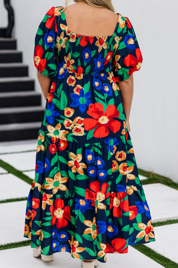 Chic Soul plus size clothing, puffed short-sleeve navy ruffled baby doll midi dress with multi-colored floral pattern and square-neckline