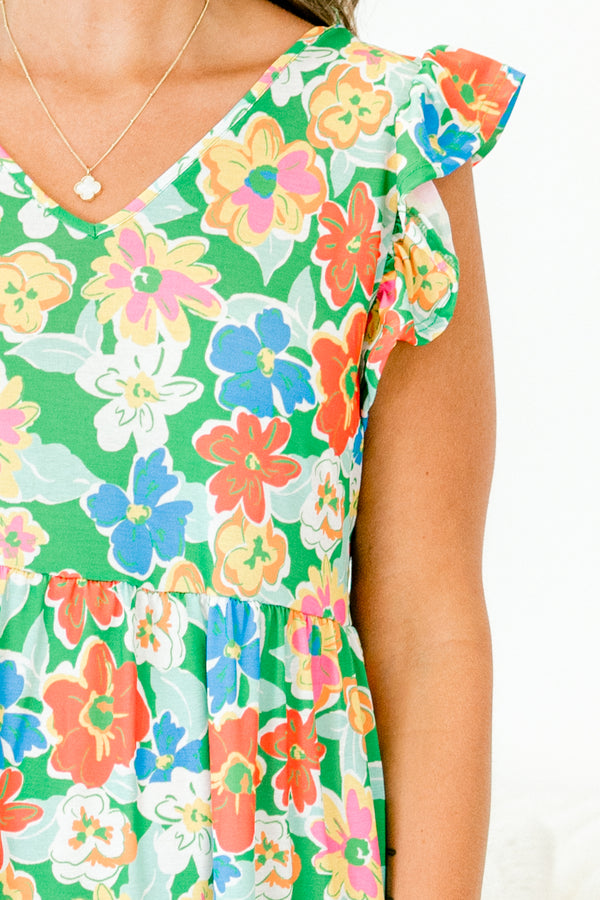 Chic Soul plus size clothing, light green short-flutter sleeve shallow v-neck mini dress with white and burnt orange floral pattern