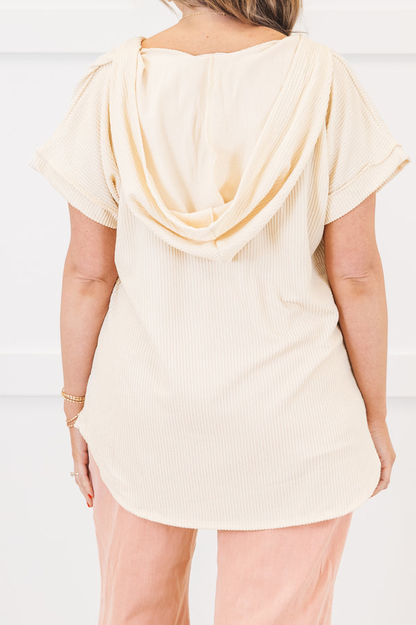 Chic Soul plus size clothing, cream short sleeve ribbed knit top with v neckline and cuff sleeves with hoodie detail