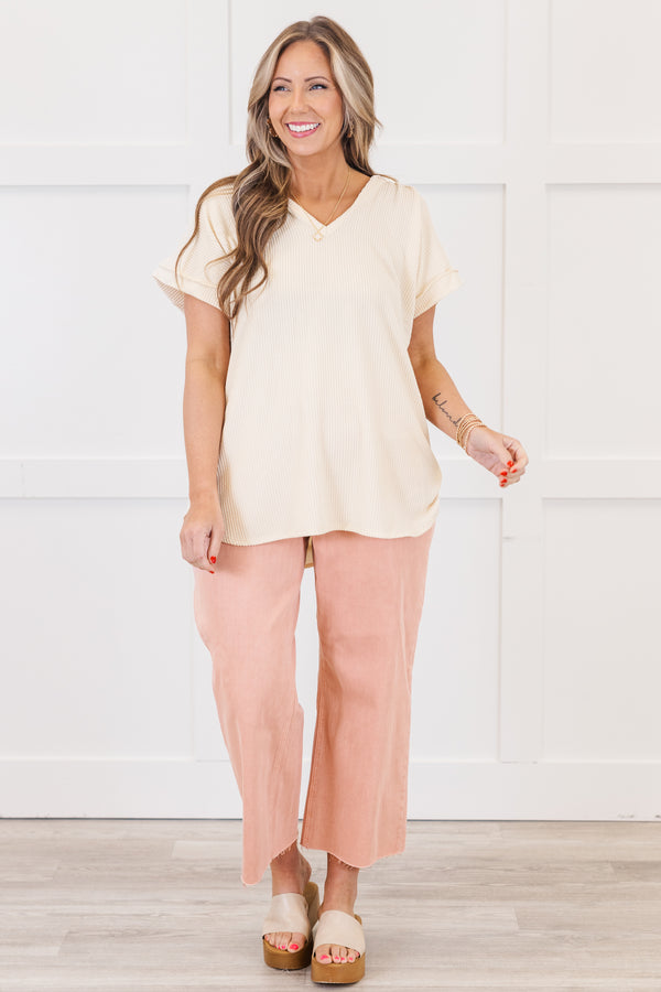 Chic Soul plus size clothing, cream short sleeve ribbed knit top with v neckline and cuff sleeves with hoodie detail