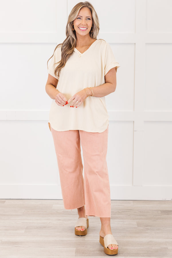 Chic Soul plus size clothing, cream short sleeve ribbed knit top with v neckline and cuff sleeves with hoodie detail