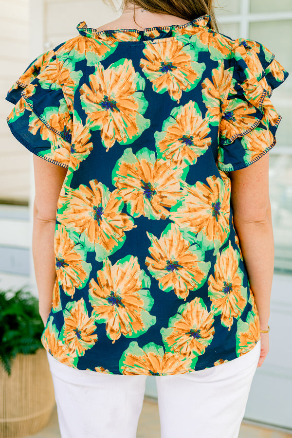 Chic Soul plus size clothing, flutter sleeve navy blue top with light orange and light green floral pattern