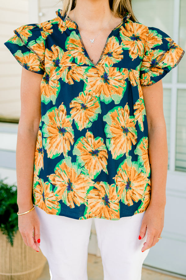 Chic Soul plus size clothing, flutter sleeve navy blue top with light orange and light green floral pattern