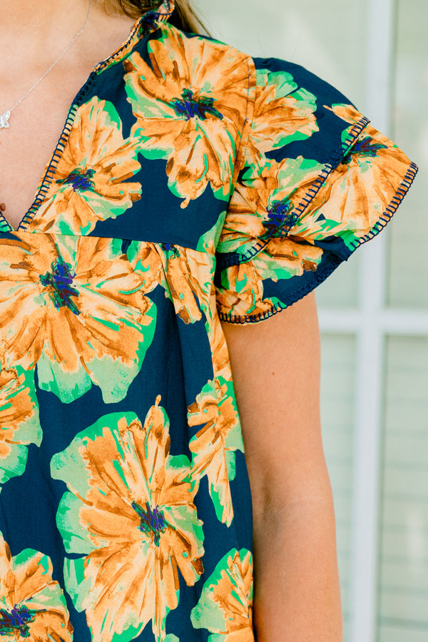Chic Soul plus size clothing, flutter sleeve navy blue top with light orange and light green floral pattern
