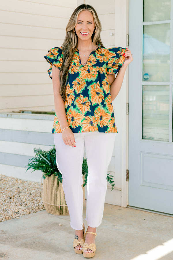 Chic Soul plus size clothing, flutter sleeve navy blue top with light orange and light green floral pattern