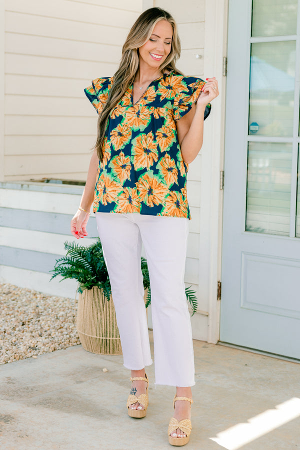 Chic Soul plus size clothing, flutter sleeve navy blue top with light orange and light green floral pattern