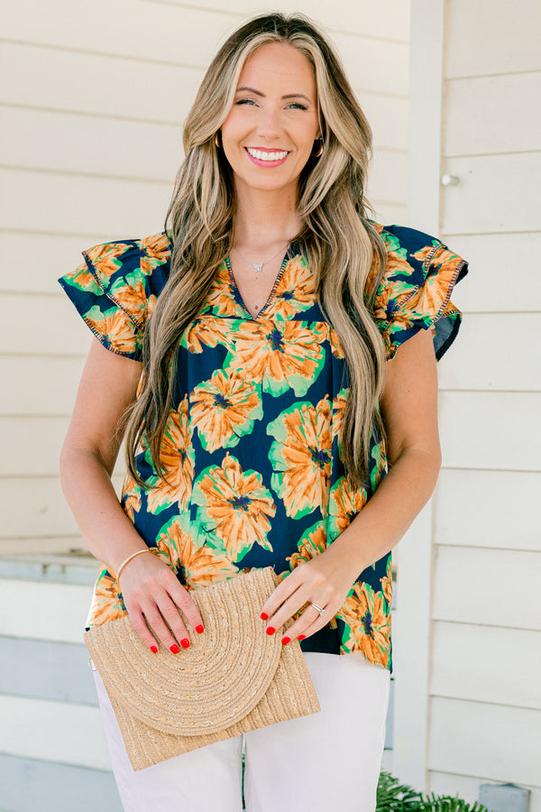 Chic Soul plus size clothing, flutter sleeve navy blue top with light orange and light green floral pattern