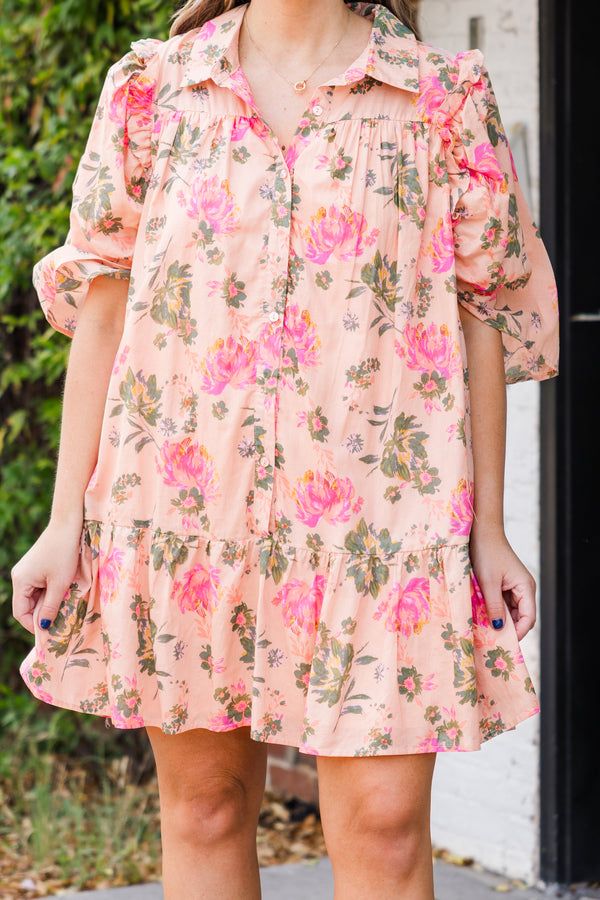 Chic Soul plus size clothing, puffed short-sleeve collared peach baby doll ruffled dress with pink and green rose floral pattern
