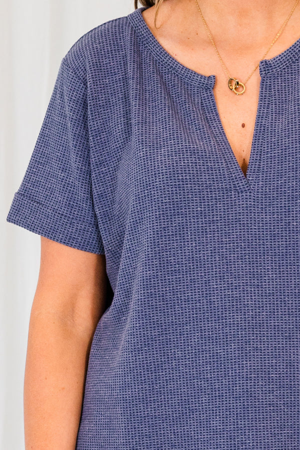 Chic Soul plus size clothing, short sleeve waffle knit denim top with v-neckline