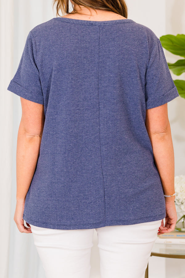 Chic Soul plus size clothing, short sleeve waffle knit denim top with v-neckline