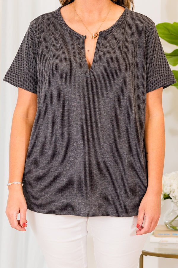 Chic Soul plus size clothing, grey short sleeve top with v cutout along neckline with cuff sleeves