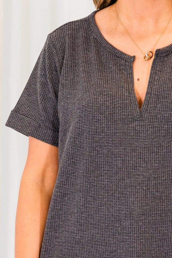 Chic Soul plus size clothing, grey short sleeve top with v cutout along neckline with cuff sleeves