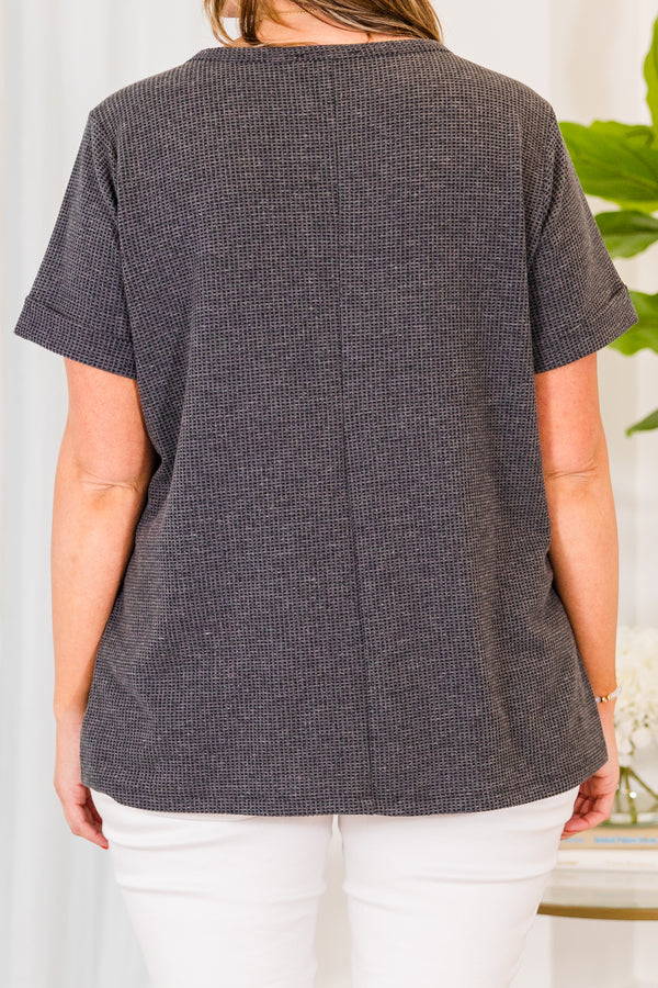 Chic Soul plus size clothing, grey short sleeve top with v cutout along neckline with cuff sleeves