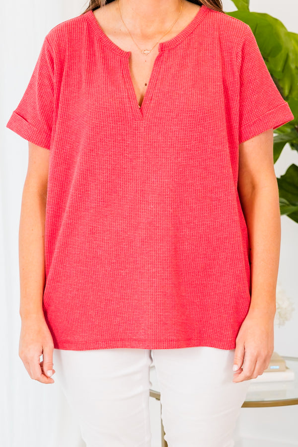 Chic Soul plus size clothing, short-sleeve ruby-colored tee with v-neck and waffle knit texture