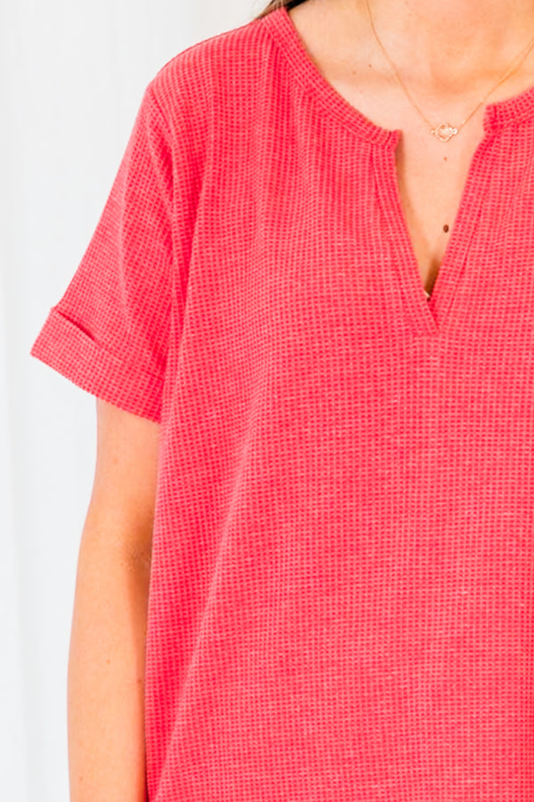 Chic Soul plus size clothing, short-sleeve ruby-colored tee with v-neck and waffle knit texture