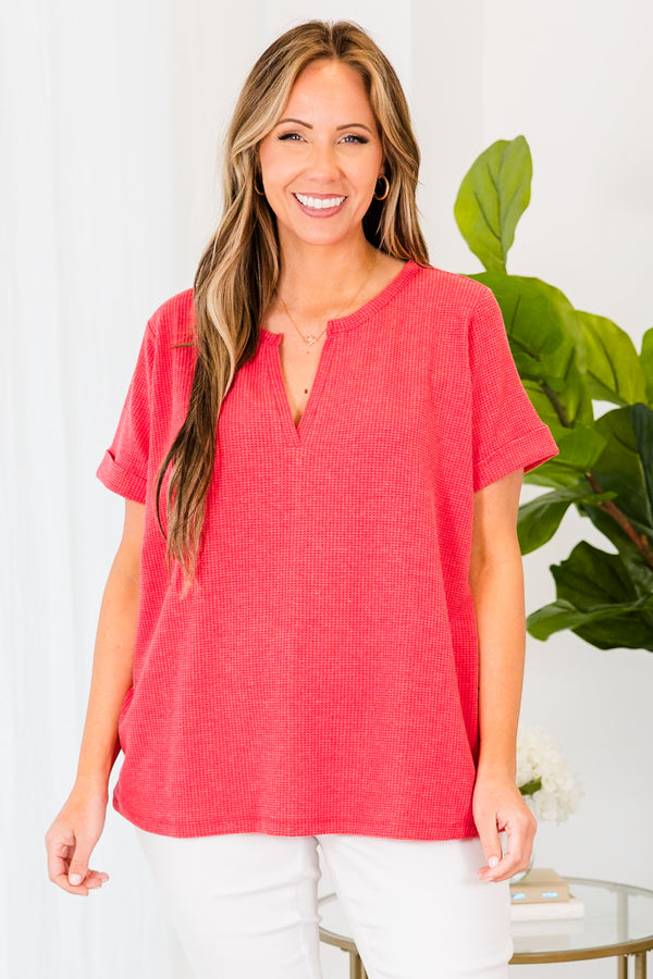 Chic Soul plus size clothing, short-sleeve ruby-colored tee with v-neck and waffle knit texture