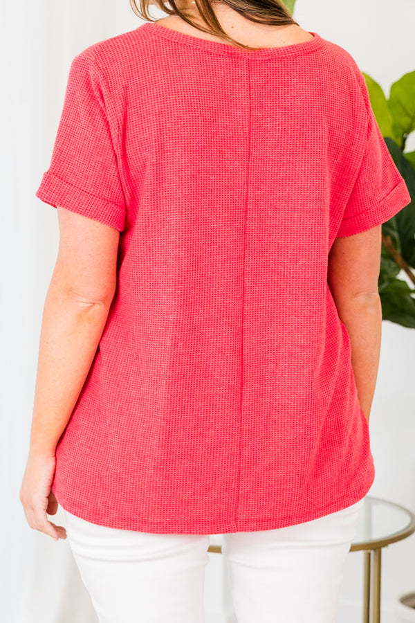 Chic Soul plus size clothing, short-sleeve ruby-colored tee with v-neck and waffle knit texture