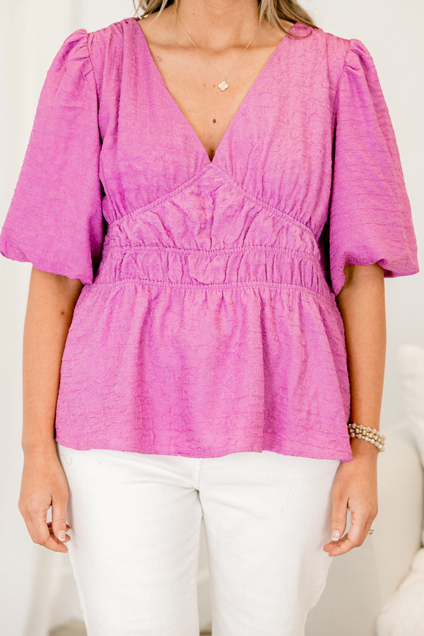 Chic Soul plus size clothing, short-puffed-sleeve lilac pink baby doll top with a v-neckline and subtle smocked detailing along the waistline and bust 