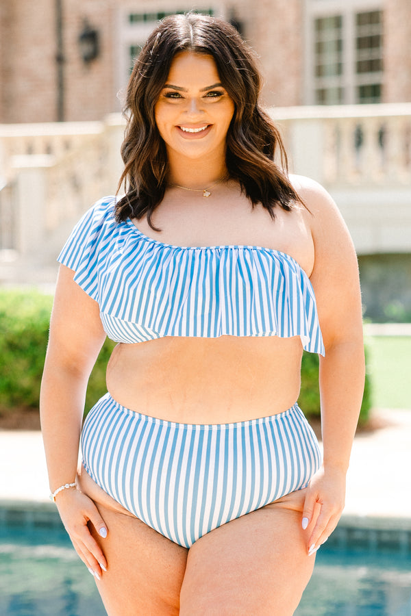 Plus Size high-waisted blue and white vertical striped swim bottoms.