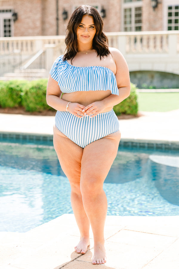 Plus Size blue and white vertical striped one-shoulder bikini top with a ruffled overlay.