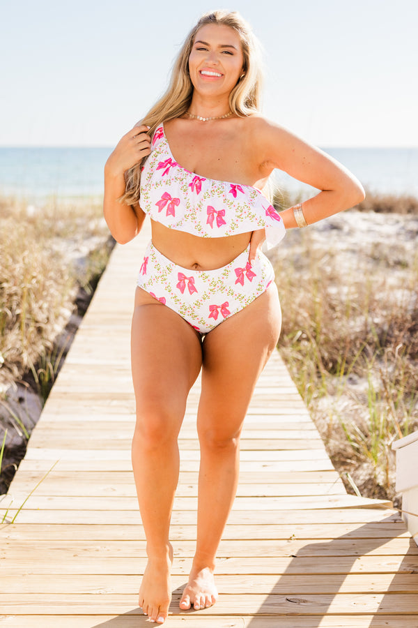Chic Soul plus size clothing, White one shoulder bikini top with a ruffle detail along the top with Pink bow details throughout 