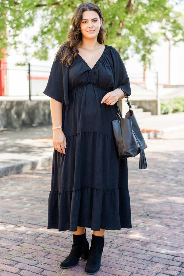 Chic Soul plus size clothing, black short sleeve flowy tiered midi dress with v neckline with flowy short sleeves