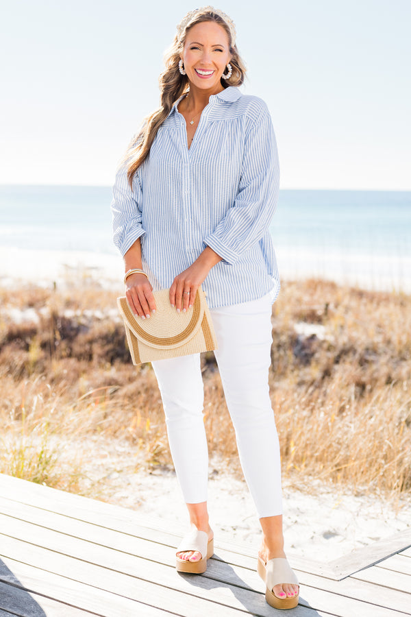 Chic Soul plus size clothing, blue long sleeve pinstripe button up top with collar detail and cuff sleeves
