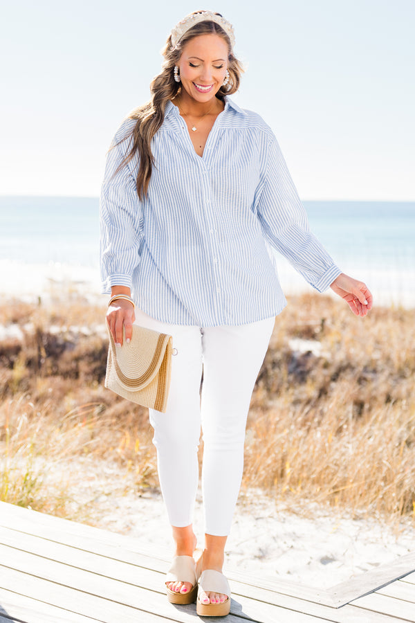 Chic Soul plus size clothing, blue long sleeve pinstripe button up top with collar detail and cuff sleeves
