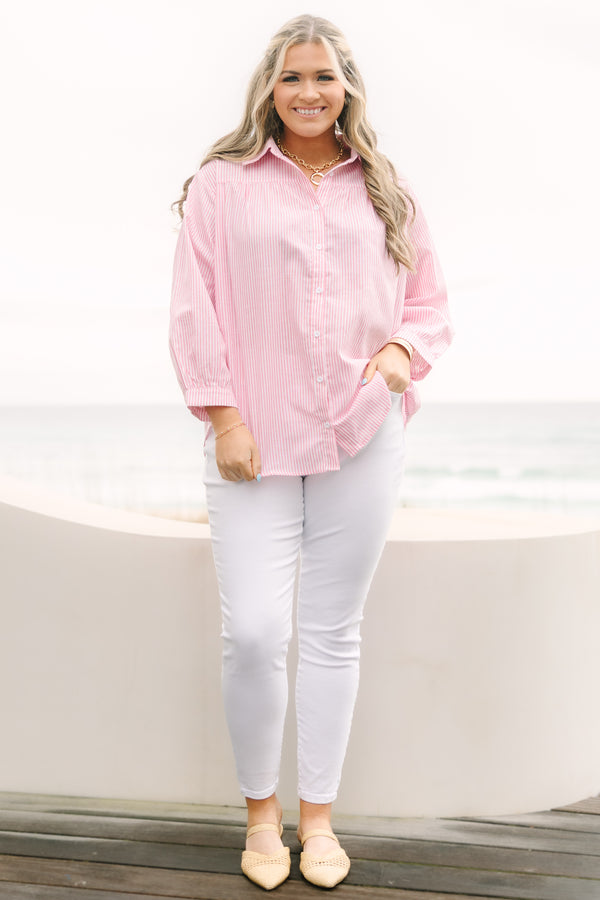 Chic Soul plus size clothing, pink striped button down with long sleeves that have a cuff on the end of each sleeves as well as a collar 