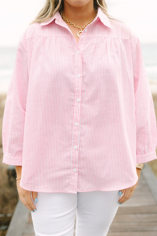 Chic Soul plus size clothing, pink striped button down with long sleeves that have a cuff on the end of each sleeves as well as a collar 
