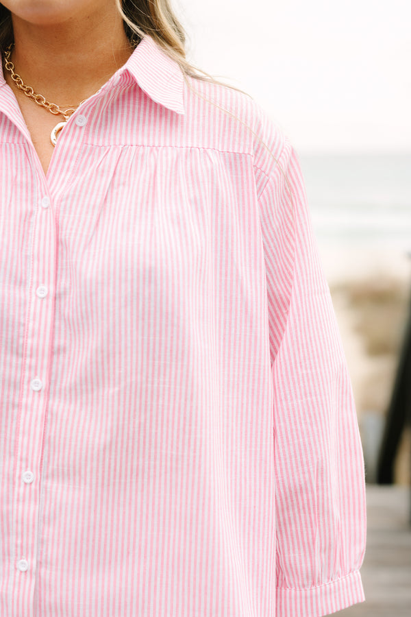 Chic Soul plus size clothing, pink striped button down with long sleeves that have a cuff on the end of each sleeves as well as a collar 