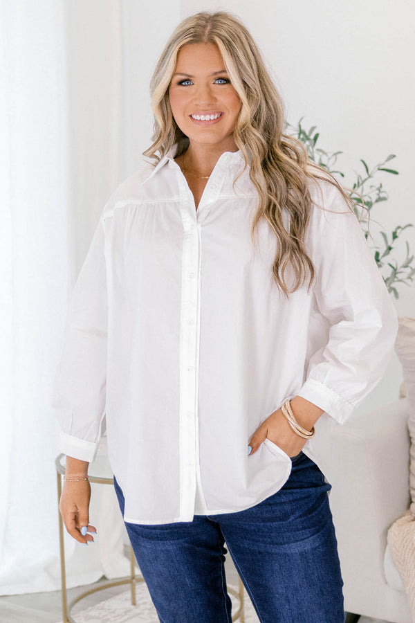 Chic Soul plus size clothing, white long sleeve collar button up top
