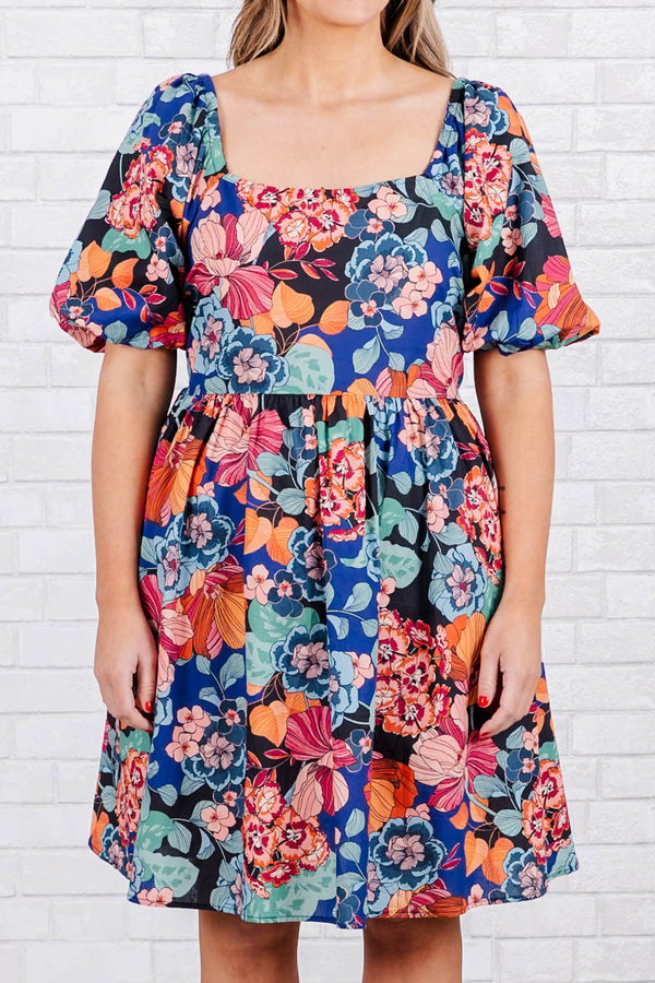 Chic Soul plus size clothing, blue square neck knee length dress with puff short sleeves with multicolored floral design