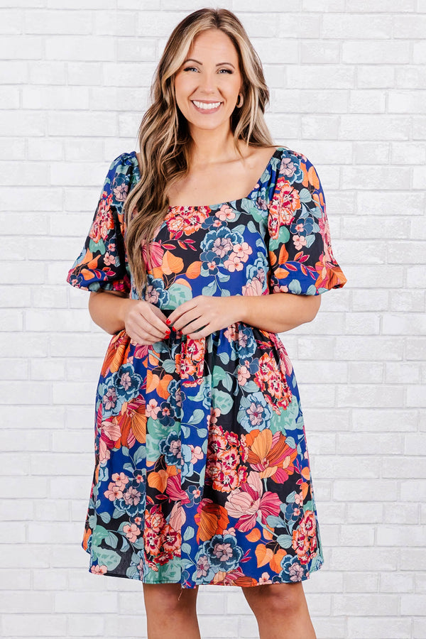 Chic Soul plus size clothing, blue square neck knee length dress with puff short sleeves with multicolored floral design