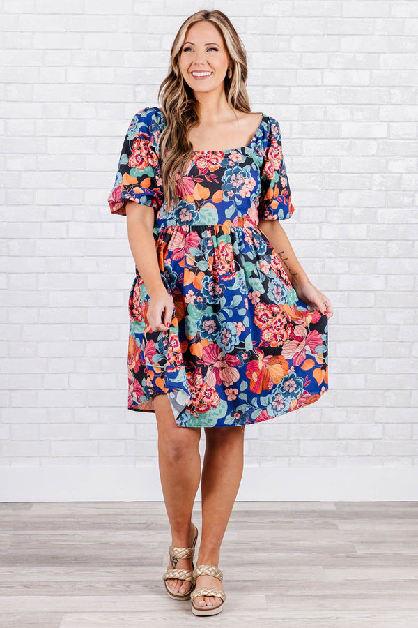 Chic Soul plus size clothing, blue square neck knee length dress with puff short sleeves with multicolored floral design