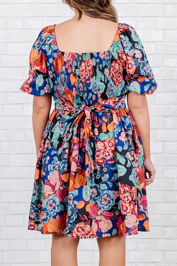 Chic Soul plus size clothing, blue square neck knee length dress with puff short sleeves with multicolored floral design