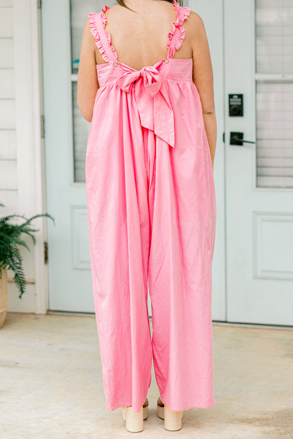 Chic Soul plus size clothing, Bubblegum pink jumpsuit with a square neckline and ruffle details on the straps 