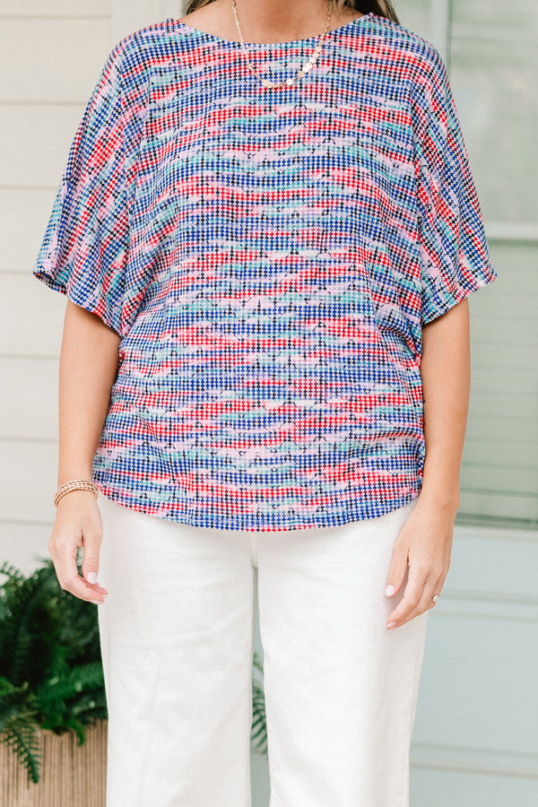 Chic Soul plus size clothing, short-sleeve red and blue waffleknit top with a high-scoop-neckline with a red and blue abstract pattern